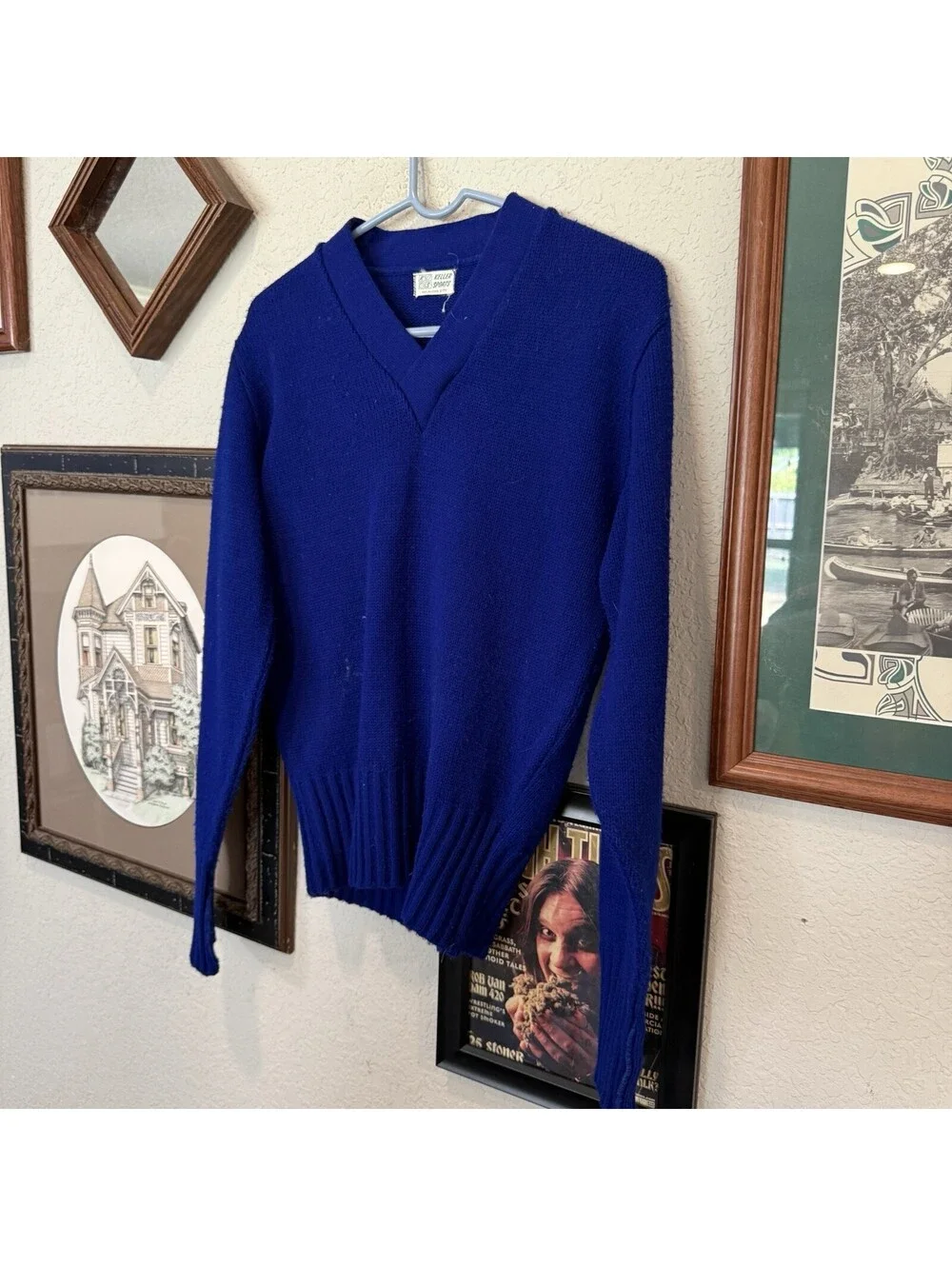 Vintage 50s/60s RARE Keller Sports OKC Blue Wool Cheer Knit Sweater Size Medium